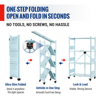 WORKPRO 4-Tier Folding Shelf, No-Assembly Metal Storage Rack with Wheels, 600 lbs Capacity (with