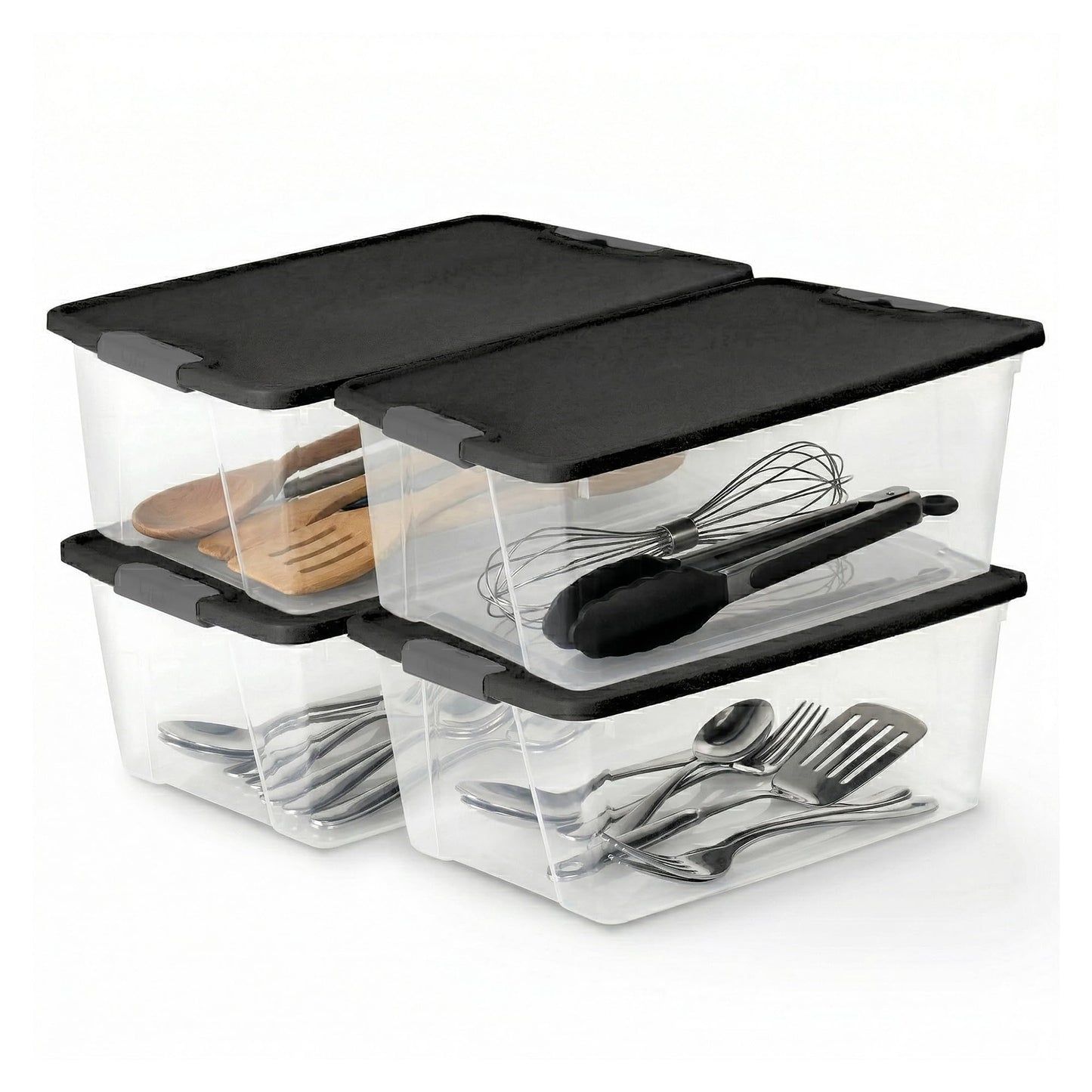 HOMZ 4-Pack Secure Latch, Clear Plastic Storage Organizer Bins, 15 Quart, Gray Lid - Stackable