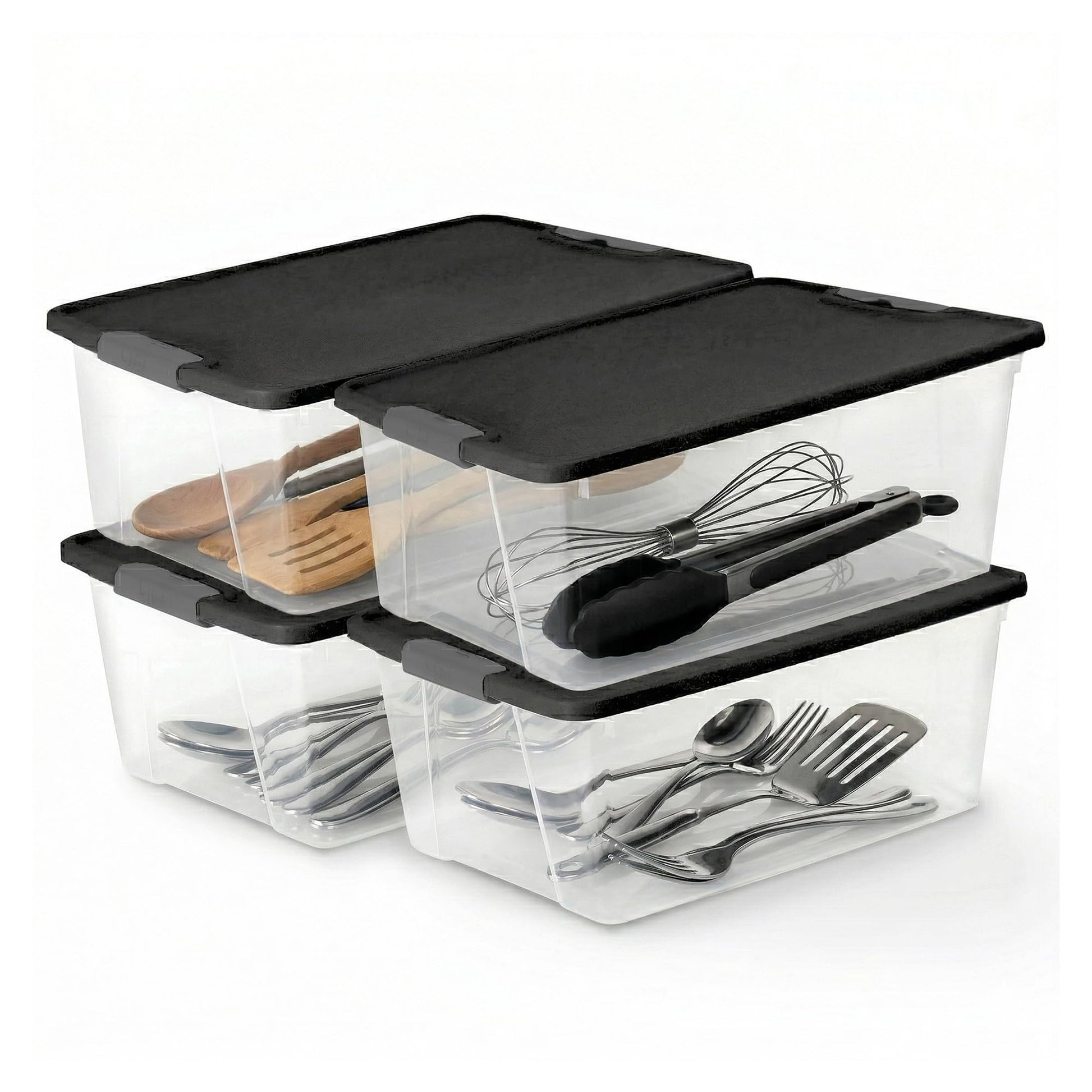 HOMZ 4-Pack Secure Latch, Clear Plastic Storage Organizer Bins, 15 Quart, Gray Lid - Stackable