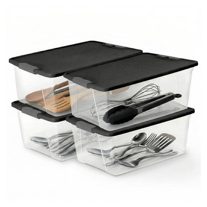 HOMZ 4-Pack Secure Latch, Clear Plastic Storage Organizer Bins, 15 Quart, Gray Lid - Stackable