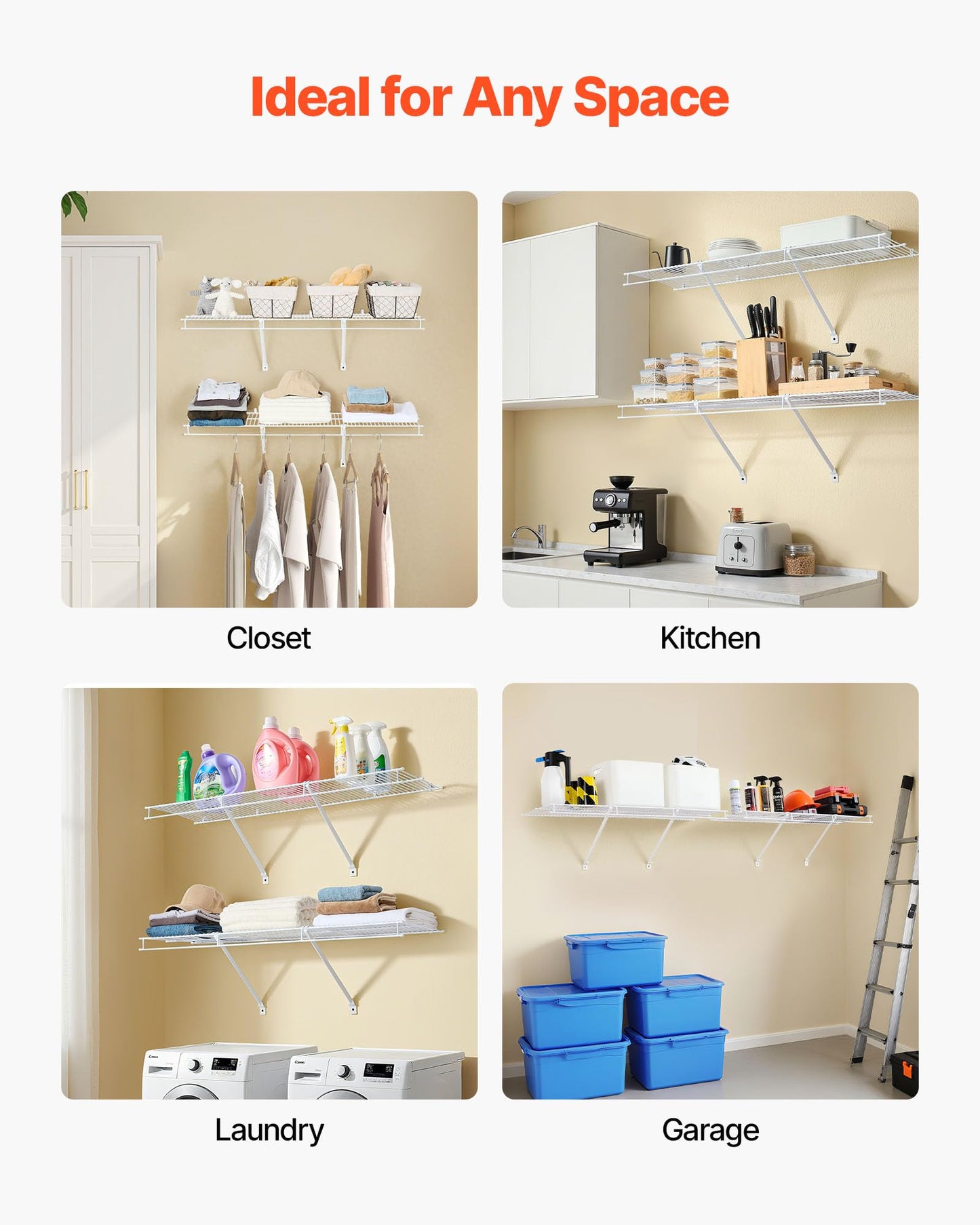 VEVOR Wire Shelf Kit, 4 ft, Set of 2, Wall Mounted Wire Shelves, Heavy-Duty Carbon Steel Hanging