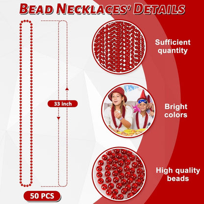 50PCS Bead Necklace, Red Christmas Bead Stuff Party Favors, 33" Necklaces Festival Parade Throw Accessories for Wedding Birthday Valentines Mardi Gras Christmas Celebrations Decorations