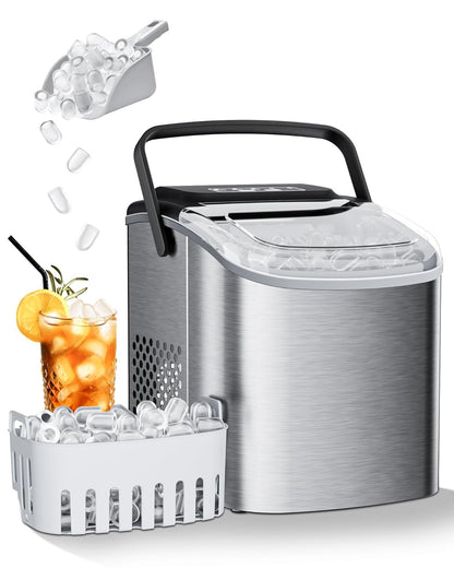 Ice Maker Machine Countertop 26lbs/24H, Portable Quiet Ice Makers Cubes in 9PCS/7Min, Self Cleaning, Ice Maker with Scoop for Kitchen, Home, Party