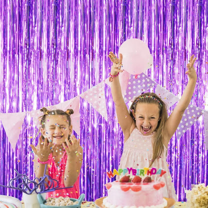 GOER 6.4 ft x 8.2 ft Metallic Tinsel Foil Fringe Curtains,Pack of 2 Party Streamer Backdrop for Halloween Birthday,Graduation and New Year Eve Party Decorations (Purple)