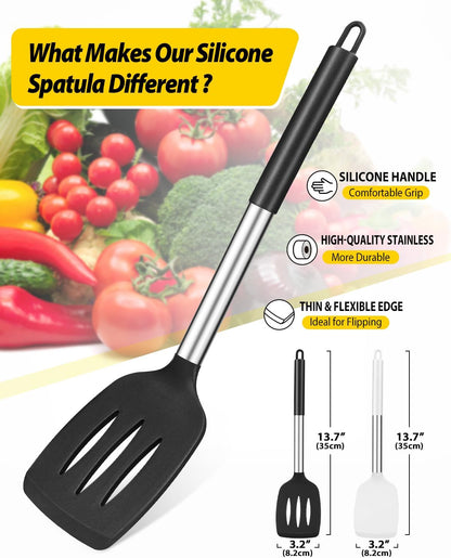 Pack of 2 Silicone Solid Turner, Non Stick Slotted Kitchen Spatulas, High Heat Resistant BPA Free Cooking Utensils, Ideal Cookware for Fish, Eggs, Pancakes(Black-White)