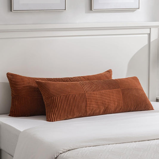 Fancy Homi Set of 2 Rust Boho Long Lumbar Body Decorative Throw Pillow Cover 14x36 Inch for Bed Couch Bedroom Bench, Soft Patchwork Corduroy Textured Pillow Case, Rustic Farmhouse Room Décor