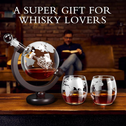 Whiskey Decanter Sets for Men, Whiskey Decanter Globe Set with 2 Etched Globe Whisky Glasses for Liquor, Bourbon, Cocktails, Vodka, Scotch liquor decanter Sets - 850ml