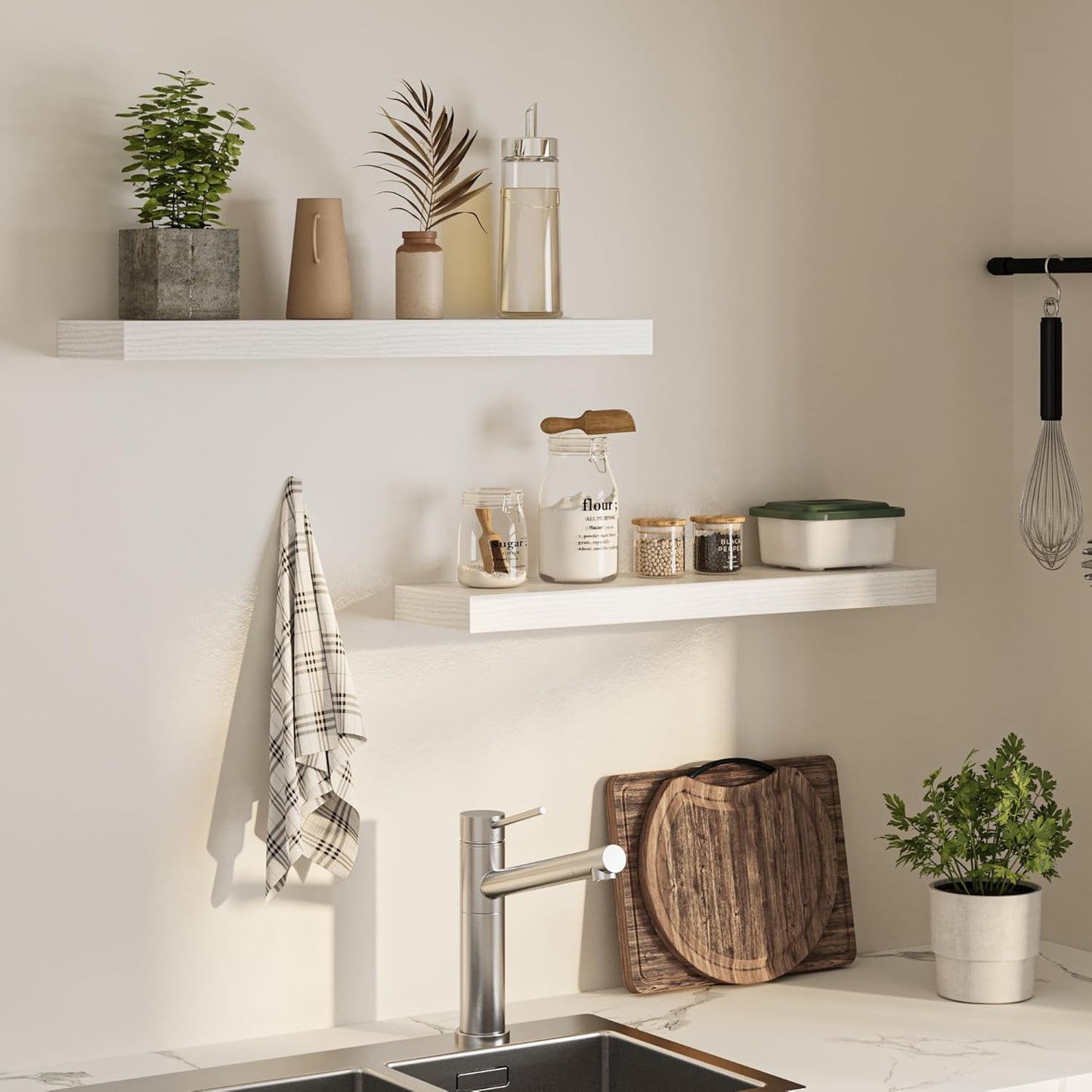 Floating Shelves for Wall, 31.5" W x 6.7" D x 1.5" H, Wooden Wall Mounted Display Shelves with Invisible Brackets for Living Room, Bedroom, Bathroom, Kitchen Decor and Storage, Set of 2, White