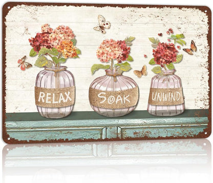 Vintage Farmhouse Bathroom Metal Tin Signs Rustic Flower Country Wall Art Decor 8X12 Inches