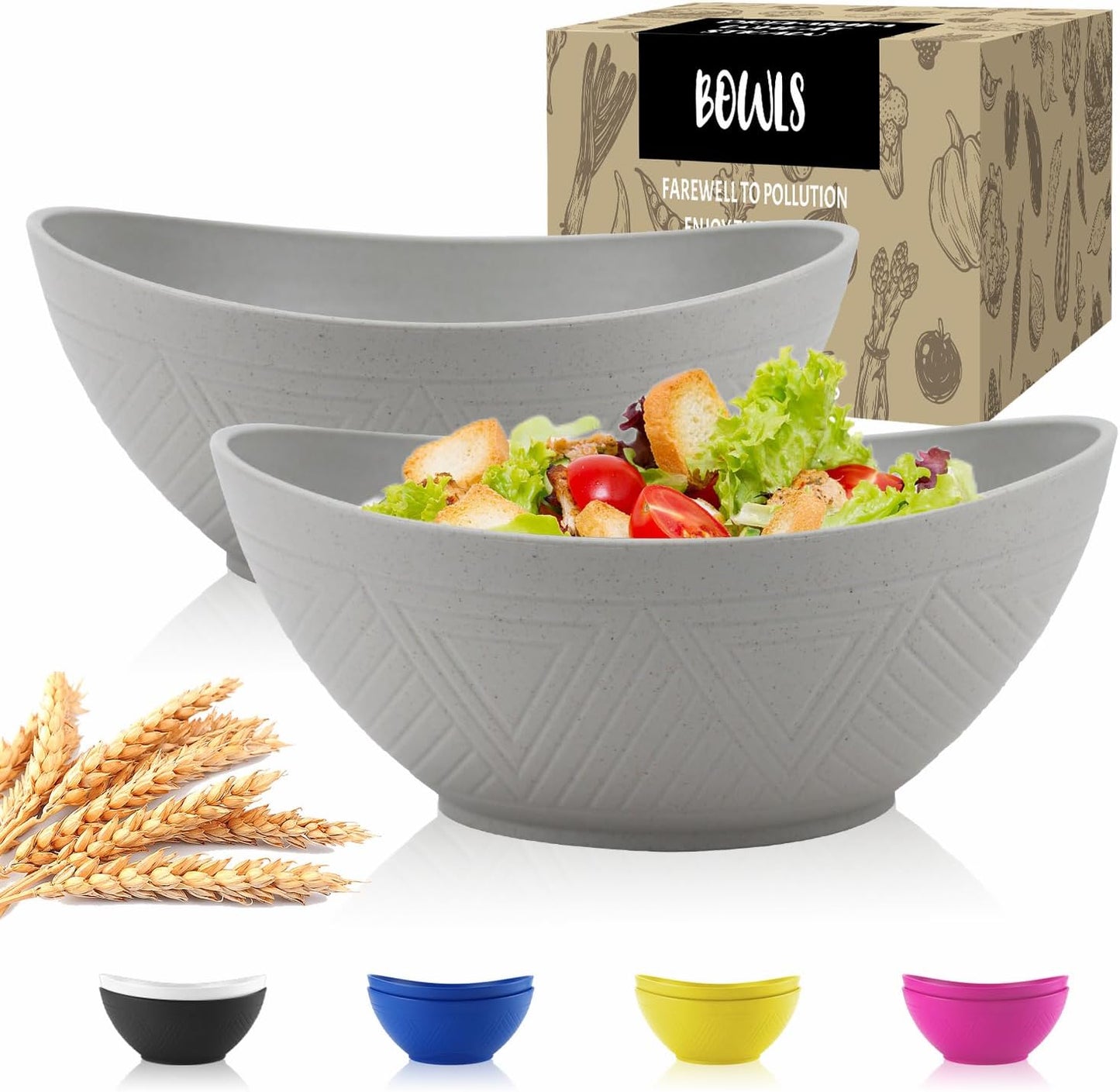 Wheat Straw Bowls Set,Unbreakable Large Salad Bowls Set of 2,Microwave and Dishwasher Safe Bowls Plastic Bowls for Eating,BPA Free Salad Bowl for Serving,Oatmeal and Salad.Gray