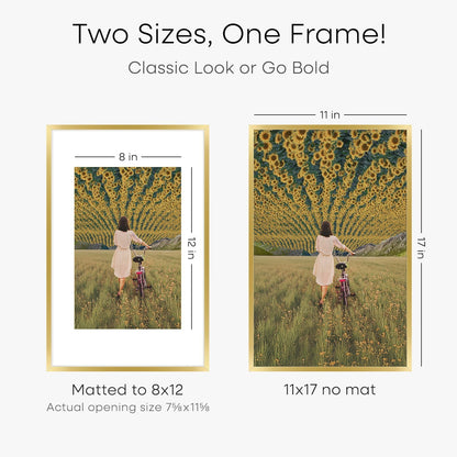 Homeforia 11x17 Picture Frame Gold, High End Metal 11x17 Poster Frames with Mat 8x12 for Photo, 11 x 17 Gold Frame Matted to 8 by 12 Print, 17x11 Thin Hanging Frame, Tempered Glass, Wall Kit, Set of 1