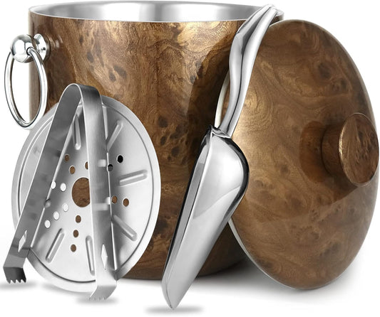Ice Bucket with Lid, Scoop, Tongs and Strainer - Well Made Insulated Stainless Steel Keep Ice
