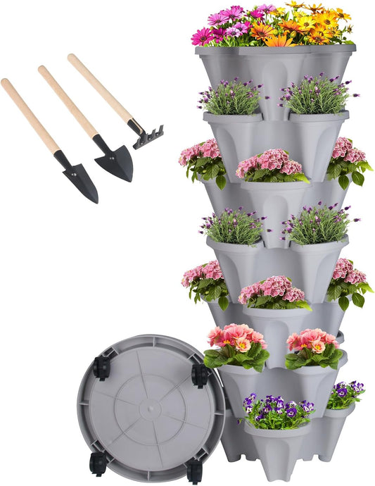 Vertical Planter 7 Tier Stackable Planters Garden Planters Strawberry Herb Flower and Vegetable Planter Indoor Outdoor Gardening Pots with Removable Wheels and Tools