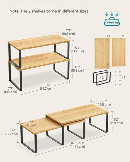 SONGMICS Cabinet Organizer Shelf, Set of 2 Kitchen Counter Shelves, Kitchen Storage, Spice Rack, Stackable, Expandable, Metal and Engineered Wood, Ink Black and Natural Beige UKCS200B01