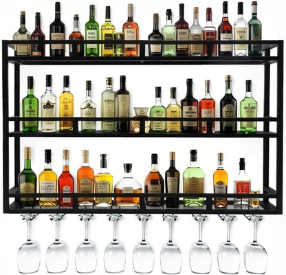 Modern Wine Rack Wall Mounted With Glass Holder,3-Tier Bar Liquor Shelf,Black,Metal Large Capacity Hanging Wine Storage Racks,Iron Floating Bar Shelves For Liquor Bottles,For Kitchen Dining Room
