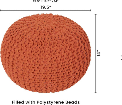 REDEARTH Round Pouf Ottoman - Hand Knitted Cable Boho Poof - Pouffe Circular Footrest for Living Room - Bedroom - Patio - 100% Cotton (19.5"x19.5"x14") - Burnt Orange