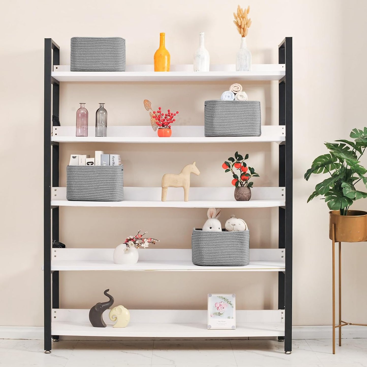 Small Storage Baskets for Shelves Organizing, Woven Cotton Rope Baskets for Storage, Book Basket, Decorative Shelf Basket, 12.5"Lx9.1''Wx7.9''H (4 Packs) Grey