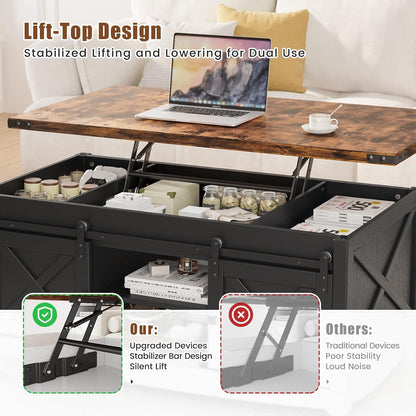 48" Farmhouse Lift Top Coffee Table with Storage Sliding Barn Door & Large Hidden Compartment, Coffee Table with Lifting Top with Wooden Lift Tabletop, Coffee Tables for Living Room, Black