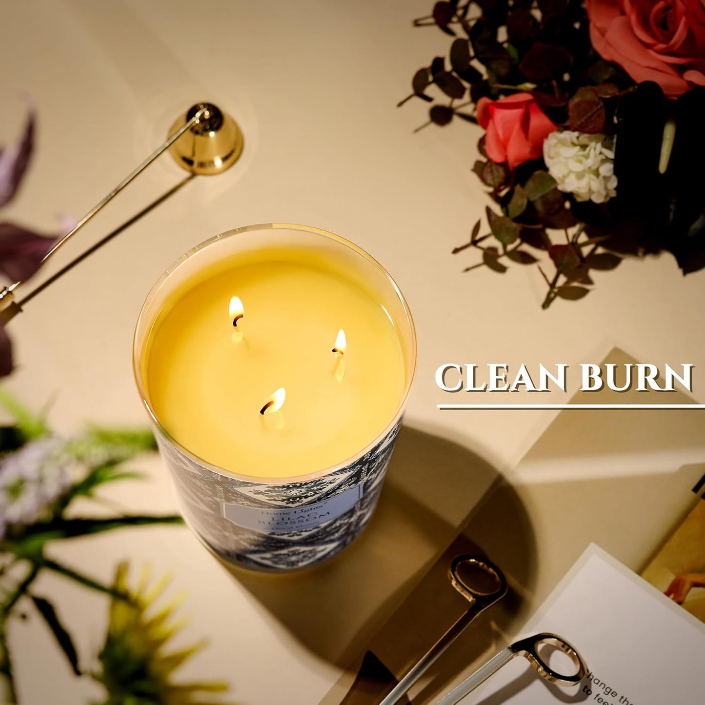 HomeLights Lilac Blossom Scented Candles | 34oz Soy Candles Bohemian Natural Textures 3-Wick Large Candle Jars | Ideal Candle Gifts for Events, Home Decor Stress, Relief & Relaxation