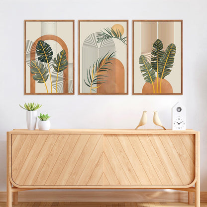 KAIRNE Boho Canvas Wall Art,Tropical Palm Leaf Wall Decor,Mid-Century Geometric Illustrations Set of 3(16”X24”),Abstract Line Pictures,Modern Botanical Prints for Living Room Bedroom Dining Room Decor