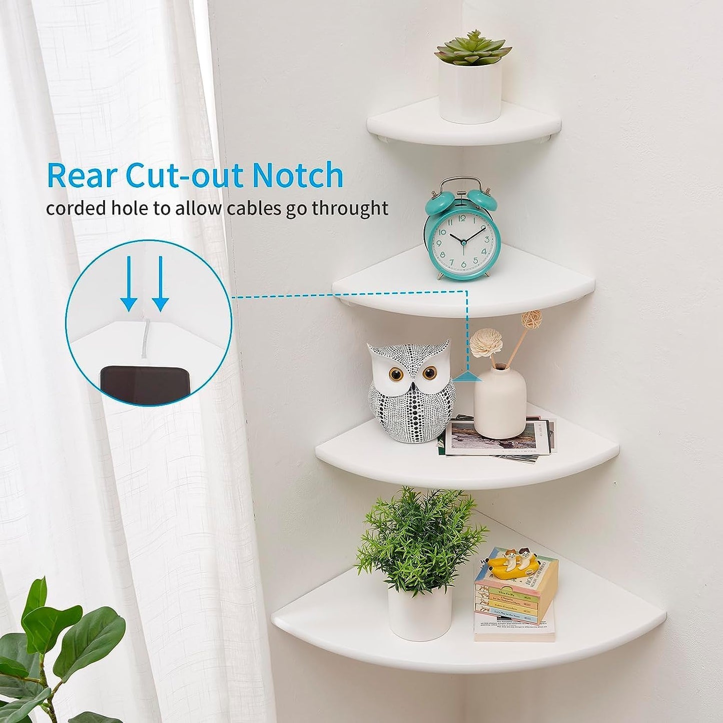 Corner Shelf, White Floating Corner Shelf, Set of 2 7inch Solid Oak Wood Corner Wall Shelves, Round End Wall Mount Display Shelf with Wire Hole for Small Plant for Bedroom Kitchen, Living Room