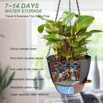 Hanging Planters for Indoor Outdoor Plants, 2 Pack Self Watering Hanging Pot with Drainage Holes & Removable Tray (Black, 8'')