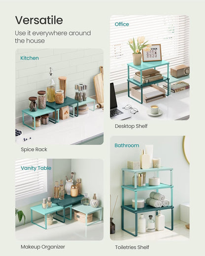 SONGMICS Cabinet Organizer Shelf, Set of 3 Kitchen Counter Shelves, Kitchen Storage, Spice Rack, Stackable, Expandable, Green UKCS220C01