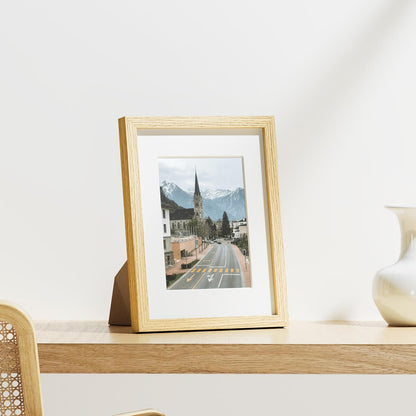 Vittanly 8.5x11 Picture Frames Set of 9, Shatter Resistant Plexiglass, Display 6x8 Pictures with Mat or 8.5x11 without Mat, Photo Frames for Wall or Tabletop, Engineered Wood, OAK