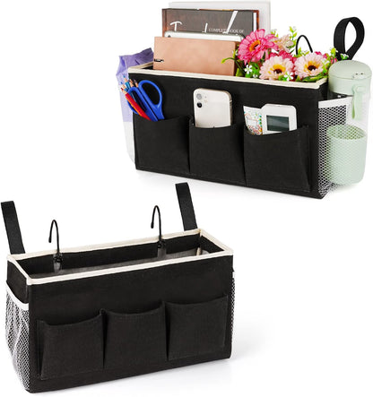 Bedside Caddy Bedside Organizer Bedside Storage Caddy with Fixed Straps and Water Bottle Holder for Home College Dorm Bunk Bed Hospital Bed Crib Bed Rails (2pcs Black)