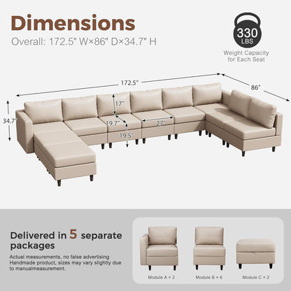 Oversized 172.5" Faux Leather Modular Sectional Sofa, Modern Large 10 Seater U Shaped Couch with Storage Seat with Reversible Chaise Deep Seat for Living Room DIY Combination - Whitesand