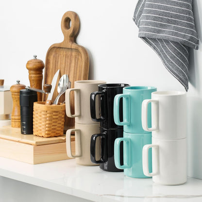 E-liu Porcelain Tea Mugs Coffee Mug Set, Large 15 Ounces Cups for Coffee, Tea, Cocoa, and Mulled Drinks, Set of 6, Black