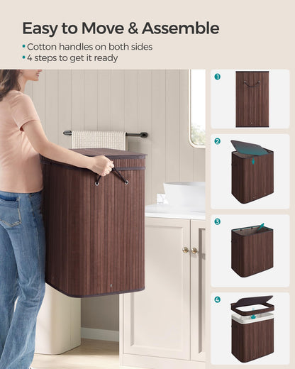 SONGMICS Laundry Hamper with Lid, Bamboo Laundry Basket, Removable Machine Washable Laundry Basket