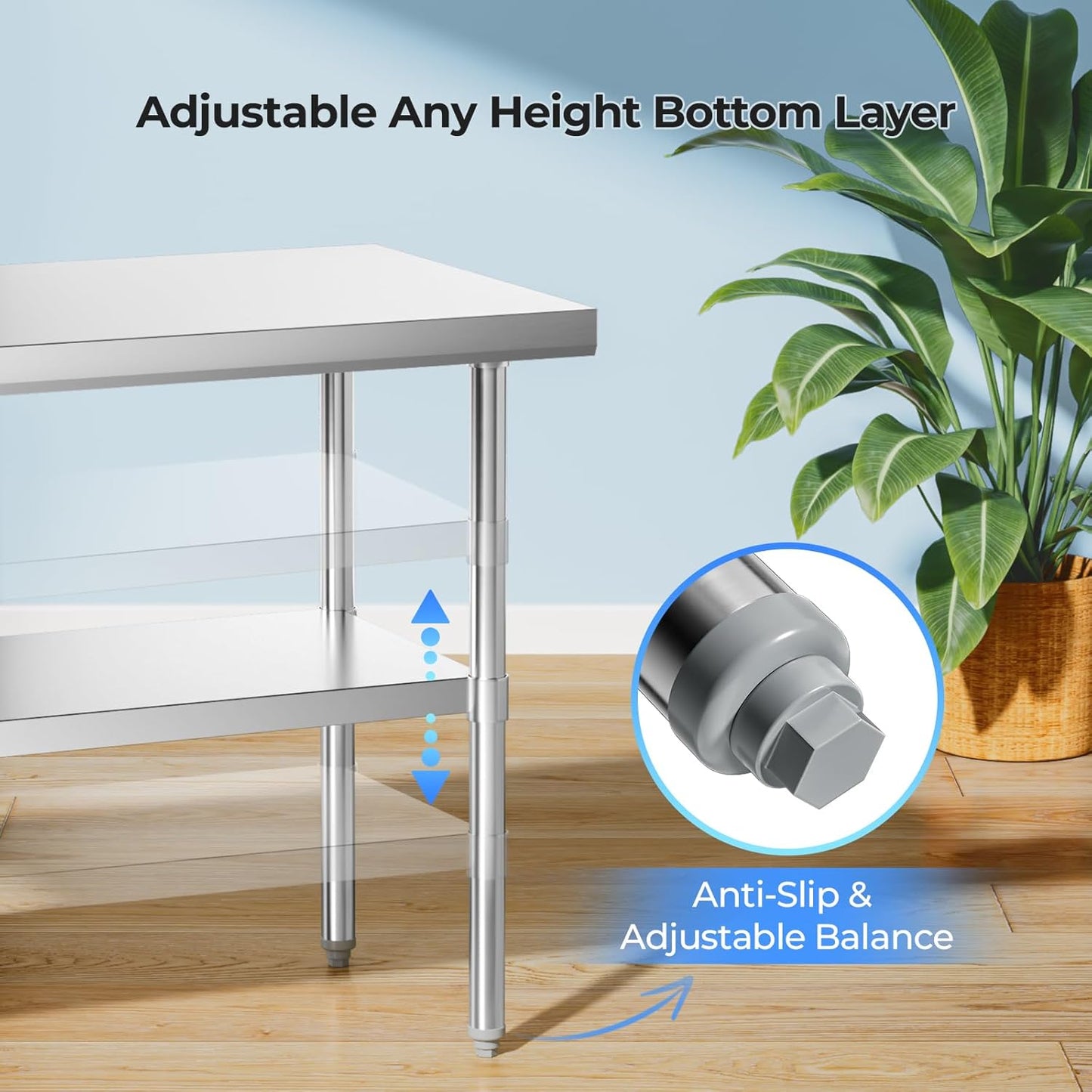 NUUK Stainless Steel Work Table 24 x 36 Inches Heavy Duty Commercial Workstation Adjustable Height Kitchen Food Prep Worktable for Restaurant, Home and Hotel