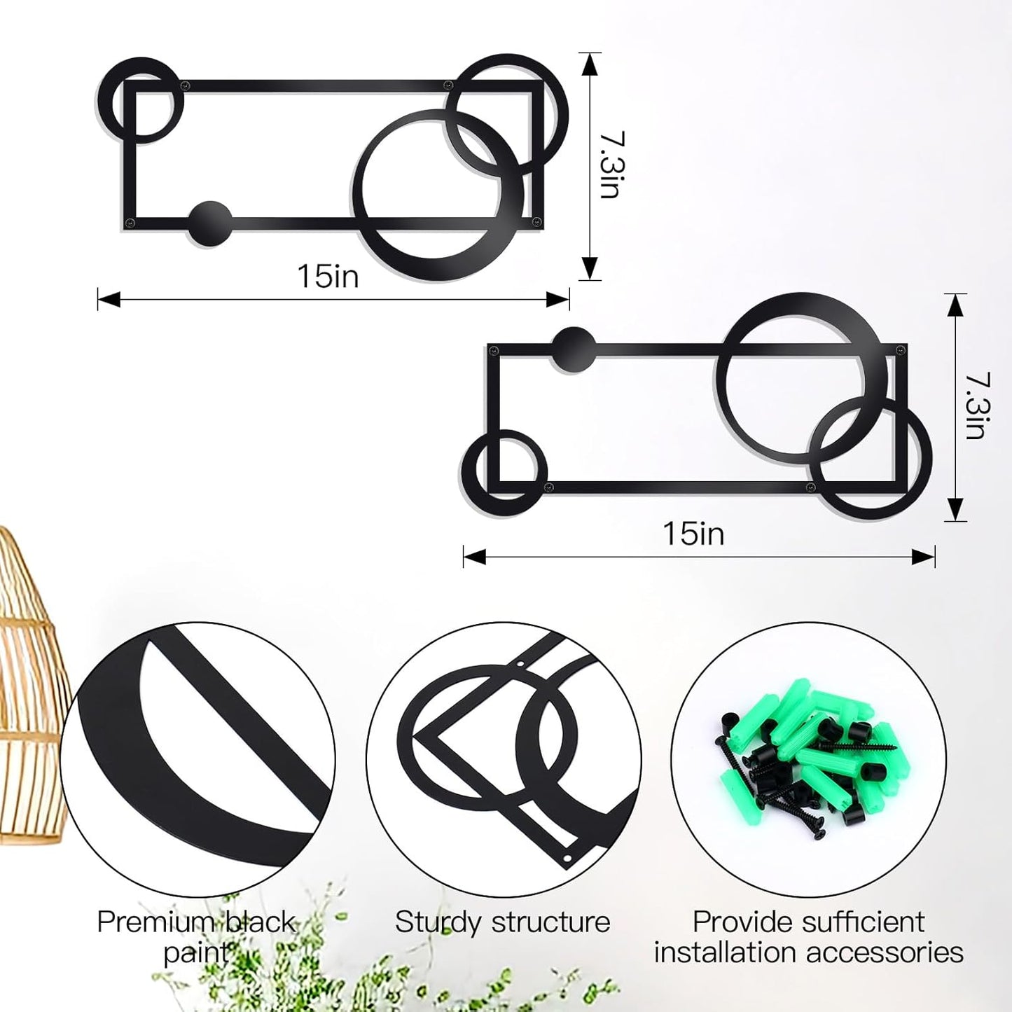 OYEFLY 2 Pcs Metal Abstract Wall Art,Modern Geometric Decor (Black, style 2)