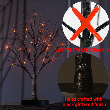 Fudios Black Halloween Tree with Lights 24 LED Orange with Timer, Lighted Tabletop Glittered Spooky Tree Artificial 18in for Witch Home Decor Battery Operated or USB Plug