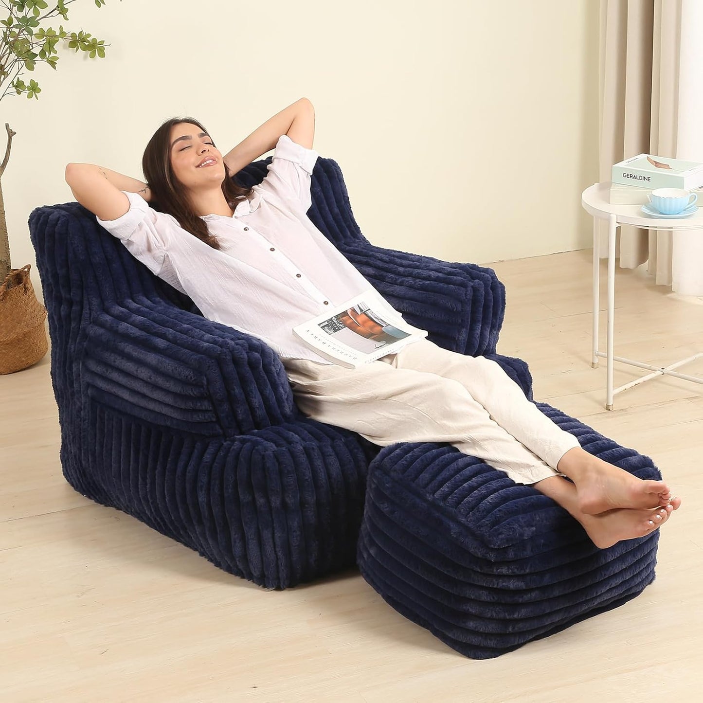 Comfy Gaint Bean Bag Chair with Ottoman, Fluffy Huge Bean Bag Armchair for Adults and Teens, Dark Blue