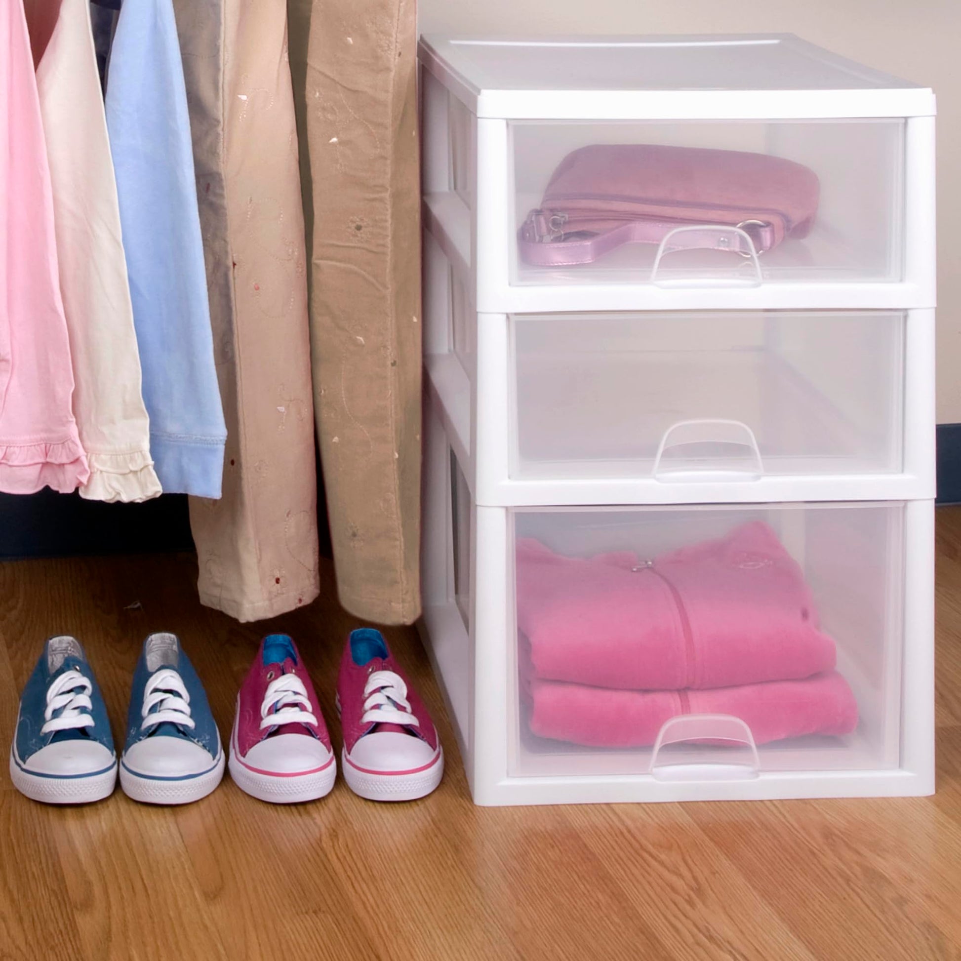 Sterilite 6-Pack 16 Quart Stacking Drawer, Clear Storage Closet Organizer, White Frame - Stackable