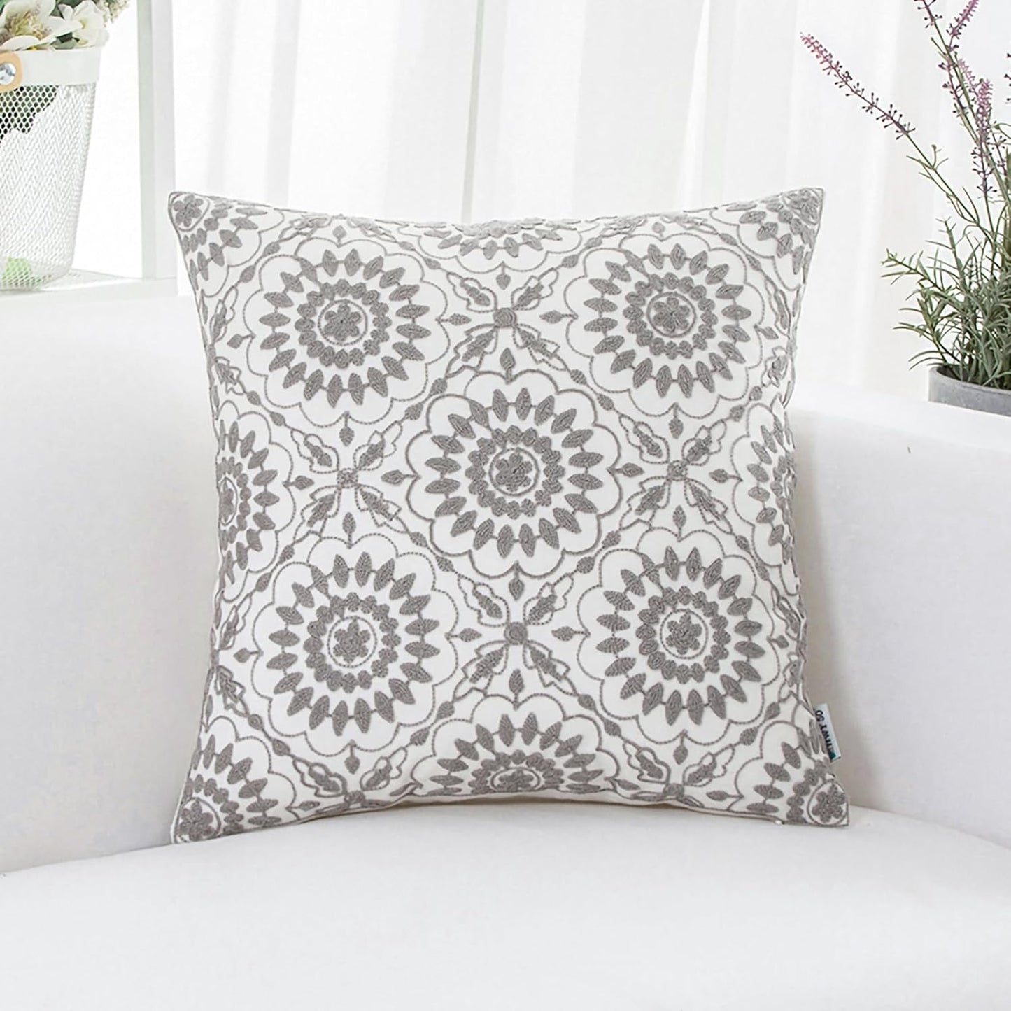 HWY 50 Gray Grey Decorative Throw Pillow Covers 18x18 Inch (1 Piece), Embroidered Cotton Farmhouse Cushion Cover Pillow Case for Sofa Couch Living Room Bed, Little Sunflower