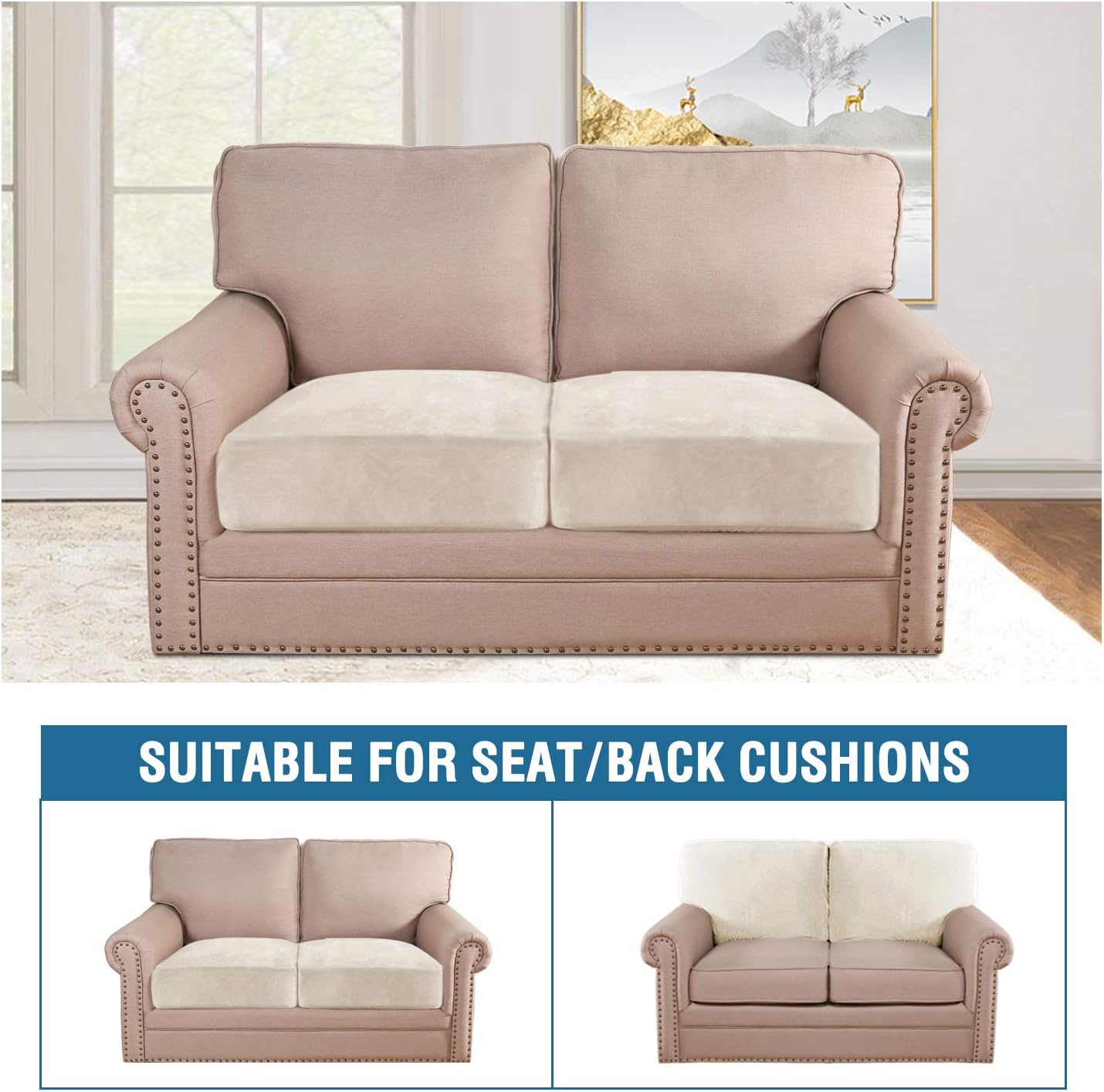 H.VERSAILTEX Velvet Stretch Couch Cushion Cover Plush Cushion Slipcover for Chair Loveseat Sofa Cushion Furniture Protector Seat Cushion Sofa Cover (2 Piece Medium Sofa Cushion Covers, Ivory)