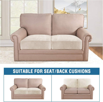 H.VERSAILTEX Velvet Stretch Couch Cushion Cover Plush Cushion Slipcover for Chair Loveseat Sofa Cushion Furniture Protector Seat Cushion Sofa Cover (2 Piece Large Sofa Cushion Covers, Ivory)