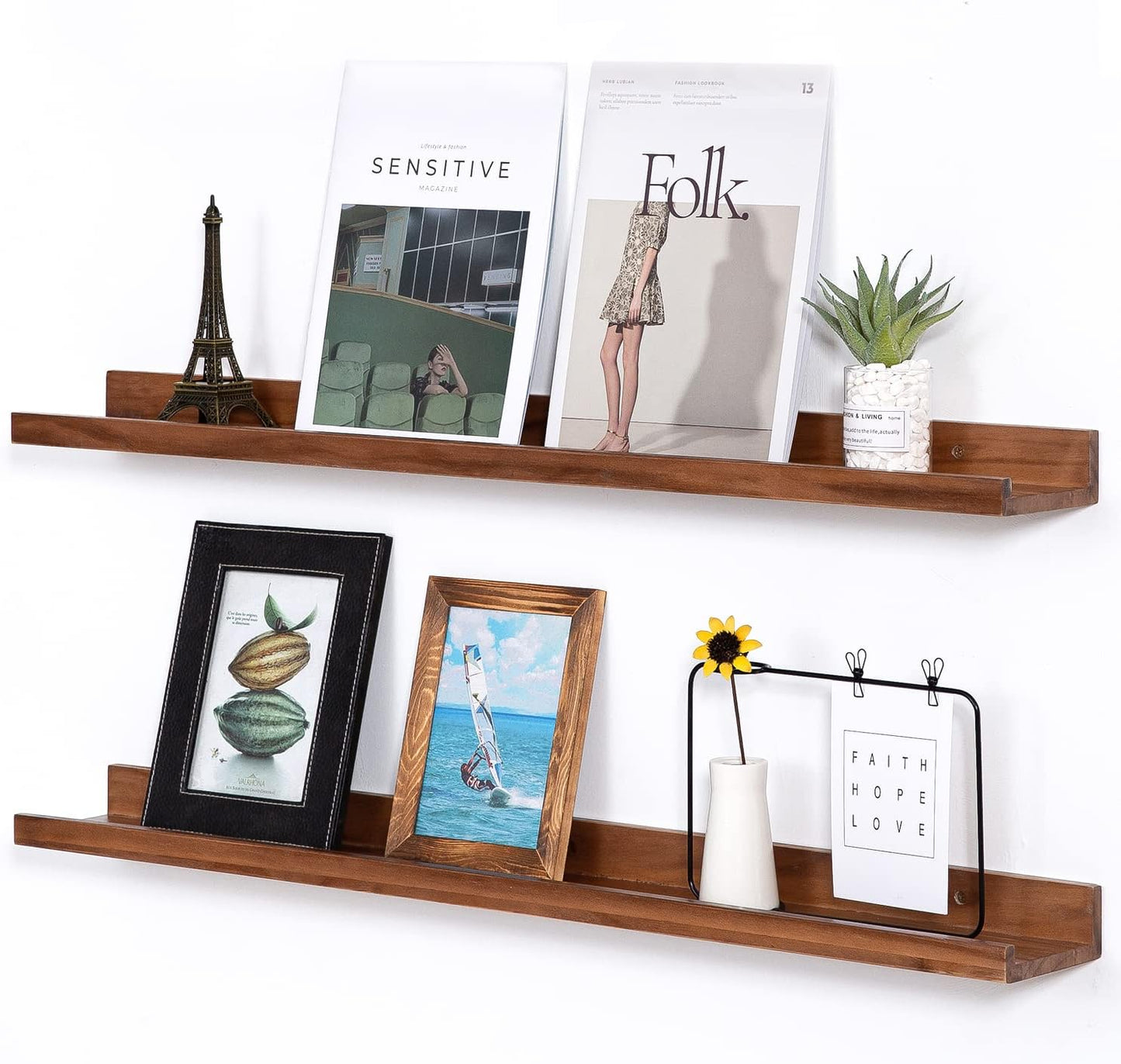 AZSKY Light Walnut Color Wood Wall Floating Shelves for Wall 36 Inch Bookshelf Wall Mount Picture Photo Frames Display Rack with Ledge Decorative Storage Shelves a Set of 2
