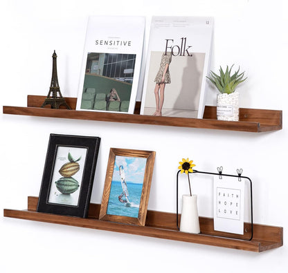 AZSKY Light Walnut Color Wood Wall Floating Shelves for Wall 36 Inch Bookshelf Wall Mount Picture Photo Frames Display Rack with Ledge Decorative Storage Shelves a Set of 2