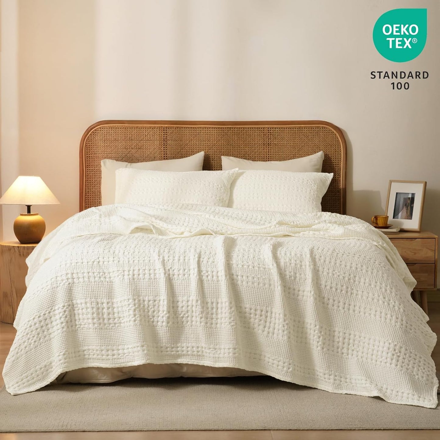 PHF 100% Cotton Waffle Weave Blanket King Size, Soft Lightweight Breathable Cozy Summer Blankets for Bed, Luxury Aesthetic Woven Bedding for Home Decor, 108"x90", Cannoli Cream