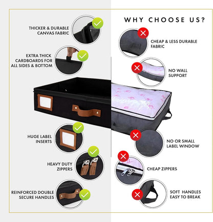 HOMELUX THEORY 2pc Under Bed Storage Containers, Bedroom Under the Bed Drawer Storage Organizer with Bins and Lids, Large Underbed Clothes Storage Box Ideal for Blanket, Fabric, & Shoes (Black)