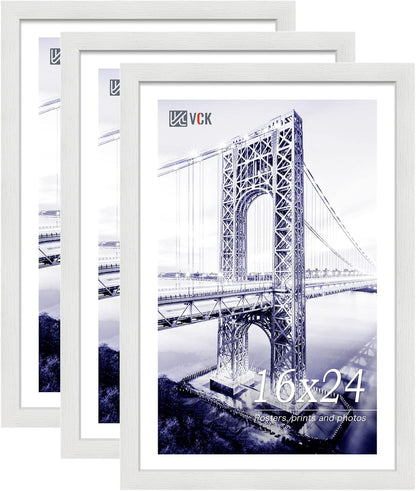 VCK 16x24 Poster Frames Set of 3, White Solid Wood Picture Frame, Textured Exclusive Wall Gallery Frame