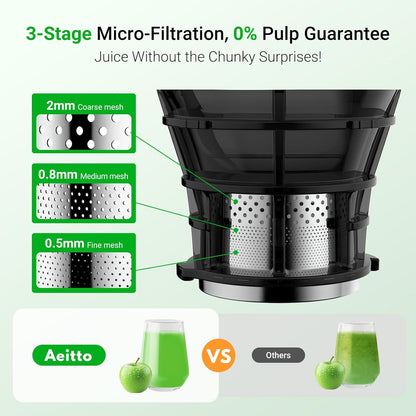 Juicer Machines,Aeitto Cold Press Juicer with 5.3“ Extra Large Feed Chute for Whole Fruits & Vegetables, Juice Extractor Machine, Self Feeding, Easy to Clean, High Juice Yield, Black