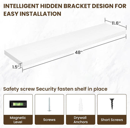 48 Inch Floating Shelves, 12 Inch Deep Floating Shelves for Wall, Floating Shelf with Invisible Brackets, Deep Wall Shelves for Bathroom, Bedroom, Living Room, 1 Pack, White