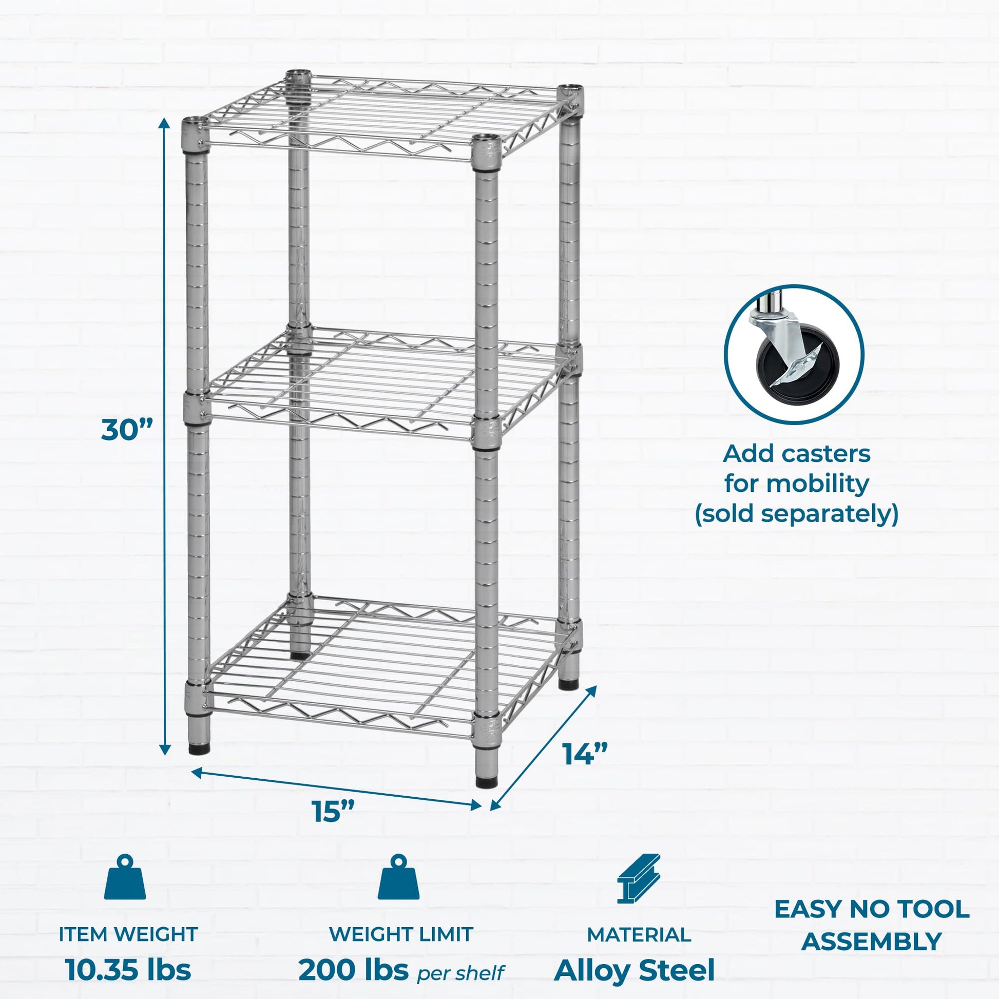 Honey-Can-Do 3-Tier Stackable Chrome Wire Shelf, 200 lb/Shelf, 15x14x30 in