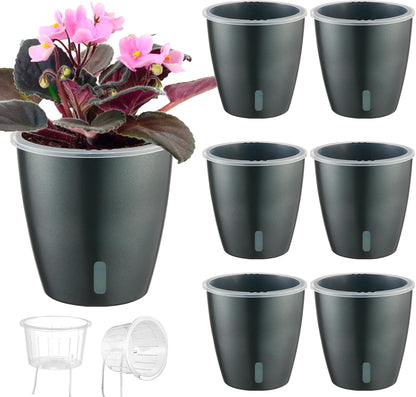 Self Watering Pots for Indoor Plants, 6-Pack 5'' Self Watering Planter with Drainage Holes, Small African Violet Pots with Water Indicator, Clear Wick Orchid Pot, Grey