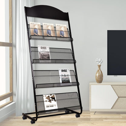 Floor-Standing Magazine Rack, 4-Layer Brochure Display Stand Tiered Design Magazine Stand Detachable Magazine Display with Casters for Exhibitions, Shopping Malls, Hospitals, Offices